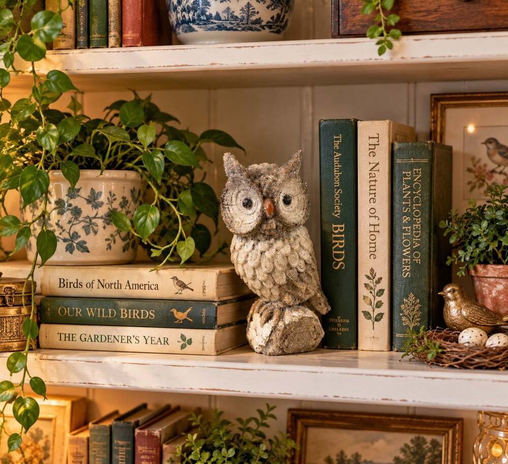 Owl Figurine 8.5” Tall Glitter Textured Woodland Bird on Log Rustic Decor H6